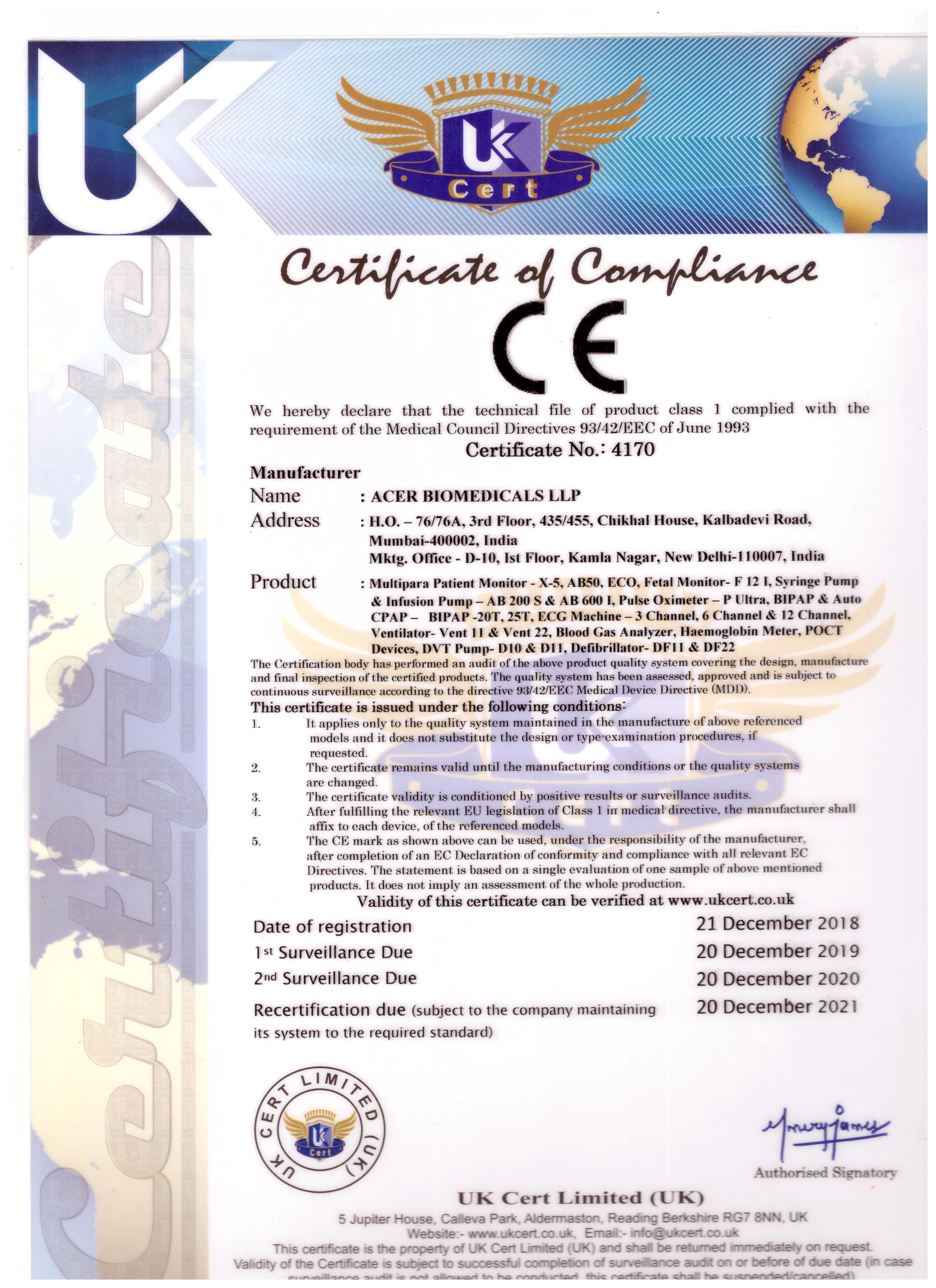 Certification ACER Biomedicals